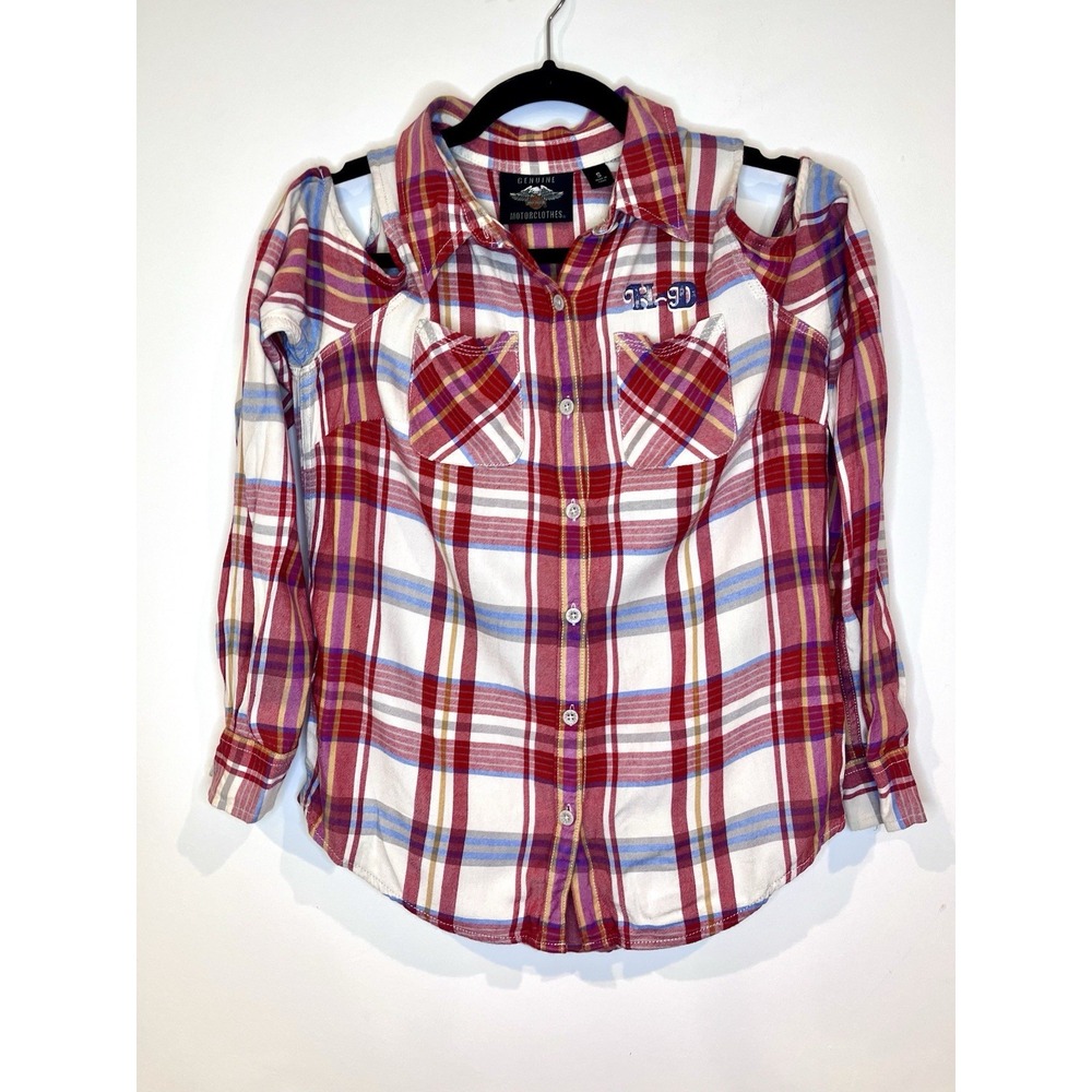 Harley-Davidson Button Down Women S Red Plaid Excellent Cold Shoulder Eagle